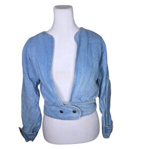 Vintage 80s Cropped Bomber Denim Jacket Womens Size M Blue